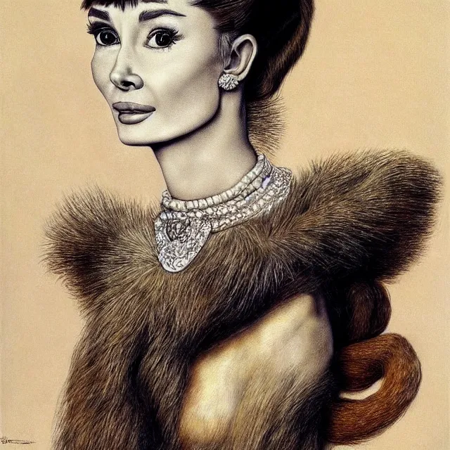 Prompt: a beautiful profile portrait of audrey hepburn, animals, by giuseppe arcimboldo, photo realistic, realistic materials.