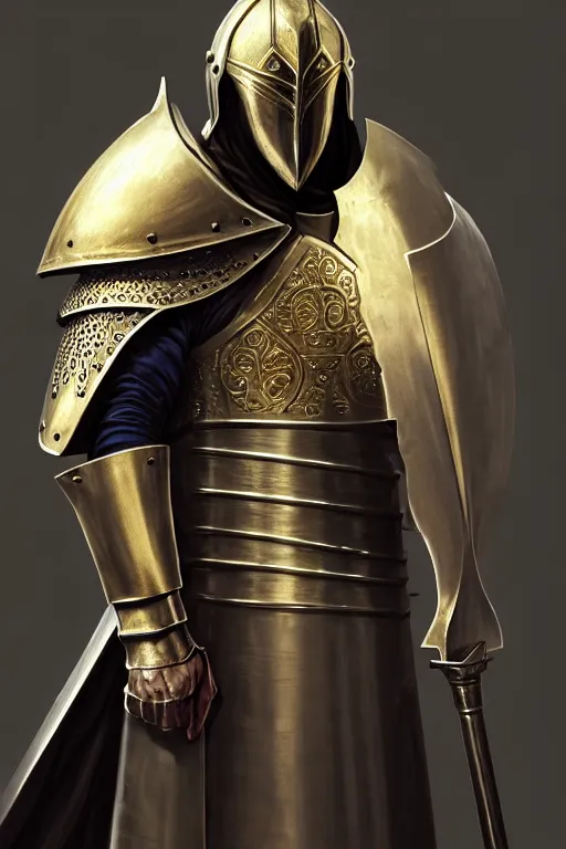 Prompt: man looking forward in iron decorated with gold baroque style christian crusader plate armor, cylindrical crusader great helm covering all his head and white cape covering most of his body standing at the gates of jerusalem drawn by greg rutkowski realistic high detail