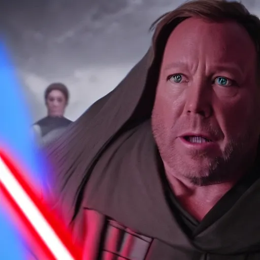 Prompt: alex jones in star wars as a sith, cinematic scene, cinematic lighting, 1 4 mm