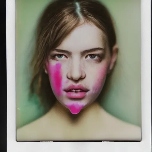 Image similar to a porcelain portrait of a girl face melt down like an ice cream, realistic detailed photography polaroid