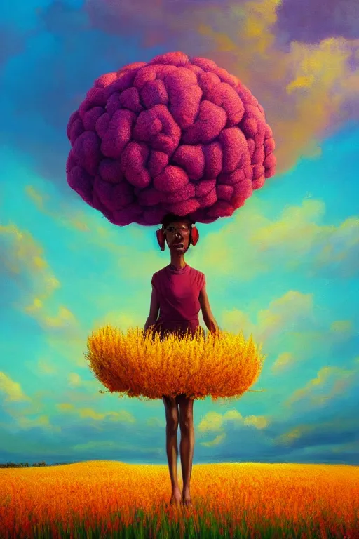 Prompt: closeup, giant flower as a head, african woman in heather field, surreal photography, golden hour, colorful clouds, impressionist painting, digital painting, artstation, simon stalenhag