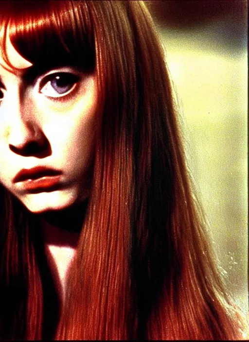 Image similar to 1973 film still from an Italian drama film of a bemused teenage Karen Gillan as the goddess of black leather staring intently at you. focused on her eyes. ultra detailed painting at 16K resolution and amazingly epic visuals. epically beautiful image. amazing effect, image looks gorgeously crisp as far as it's visual fidelity goes, absolutely outstanding. vivid clarity. ultra. iridescent. mind-breaking. mega-beautiful pencil shadowing. beautiful face. Ultra High Definition. godly shading. amazingly crisp sharpness. photorealistic film cel processed twice..