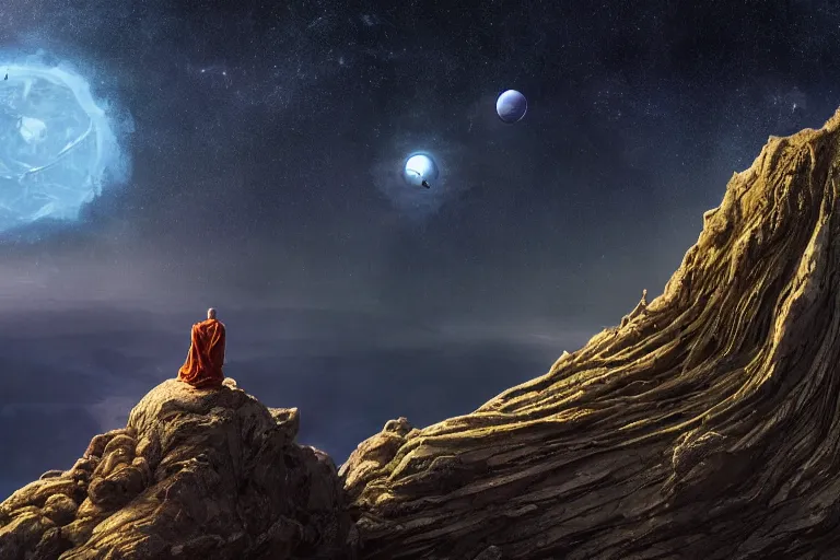 Prompt: a monk looking from a cliff at a huge alien spacecraft in the distance, black giger alien architecture, stars, gases, planets, cosmic, nebula, psychedelic, vivid color, cinematic lighting, perfect composition, rainbowshift, sharp focus, 8 k, h. r giger, derek zabrocki, greg rutkowski, maxfield parrish, octane render