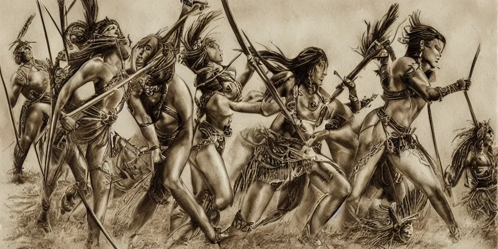 Prompt: movie scene, powerful beautiful aztec and Amazonian warrior females fight, bow, flying arrows, spear, epic camera, vintage, Boris vallejo, sepia, apocalypto