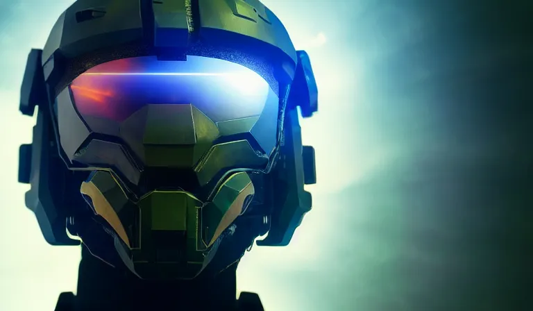 Image similar to cyberpunk halo helmet on space, planet behind, close shot, reflection, epic, dramatic, cinematic, award winning, ultra detailed, realistic, 8k,