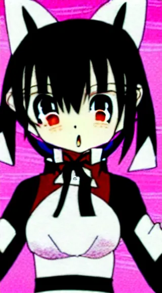 Image similar to Anime Screenshot of a “red-eyed black-haired anime fox girl” wearing black fingerless-gloves, high-waist-black-skirt, white-collared-shirt blue-open-jacket, black-necktie, unsheathing her katana, white background, visual-key, anime illustration, pixiv, anime-twitter