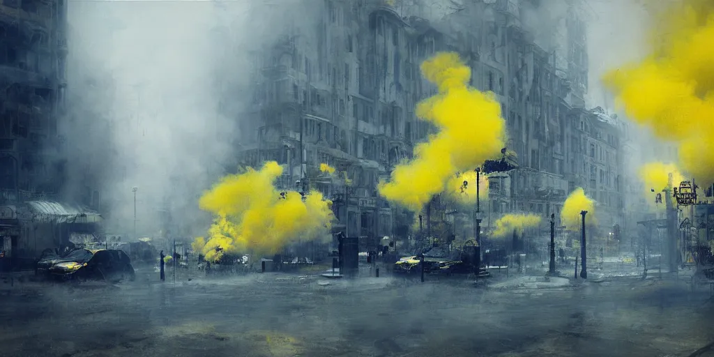 Image similar to kiev city streets covered in yellow and blue smoke, by jeremy mann, by kim keever