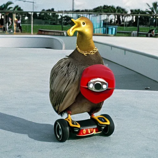 Image similar to a dodo with a gold chain around its neck, on a hover board at a skate park near the beach, 1990s cartoon