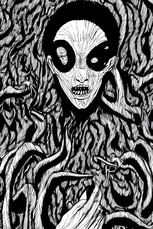 Image similar to scary man without face, nightmare, style of junji ito, highly detailed, 8k, color ink drawing, thin clear line comics vector art, quill pen 1 px, background by hr giger