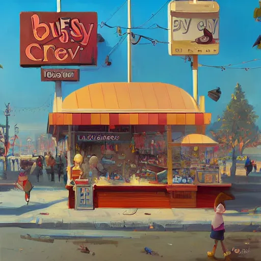 Prompt: Busytown ice cream shop, epic, fun, optimistic colors, by Greg Rutkowski