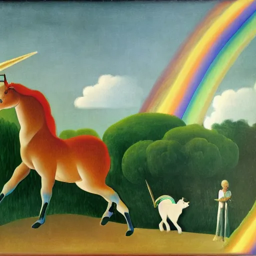 Image similar to A unicorn with a rainbow colored horn, epic scene, Henri Rousseau