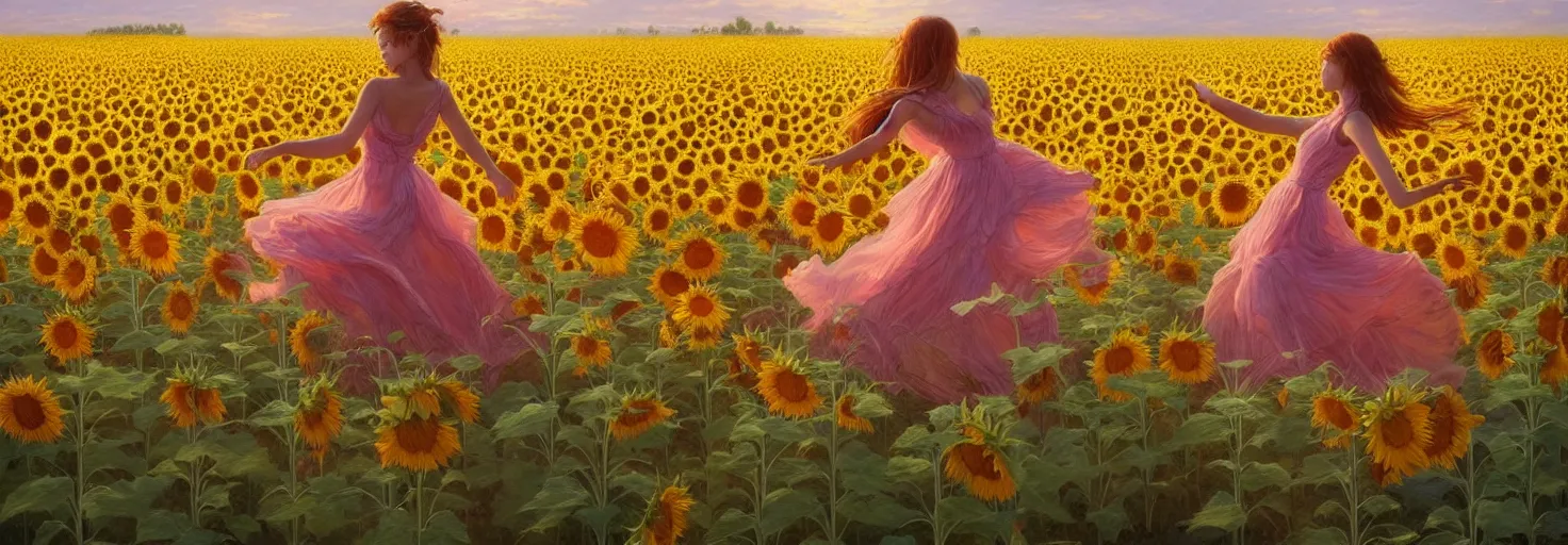 Image similar to beautiful young girl dancing in a fiery dress in a beautiful field of sunflowers and lilies, high detail, very realistic, by greg rutkowski, by james gurney ultra clear detailed, digital painting by ( ( makoto shinkai ) ), moebius moebius, surrealism, trending on artstation