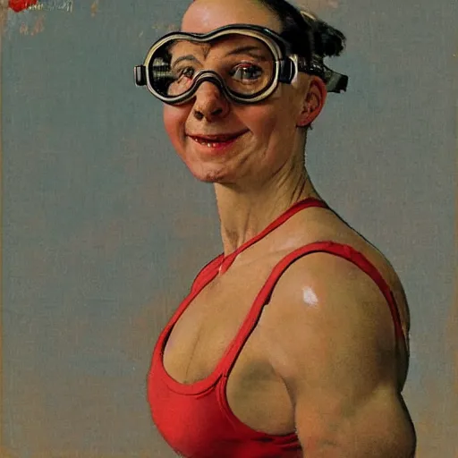 Prompt: happy and muscular woman wearing small goggles, by norman rockwell