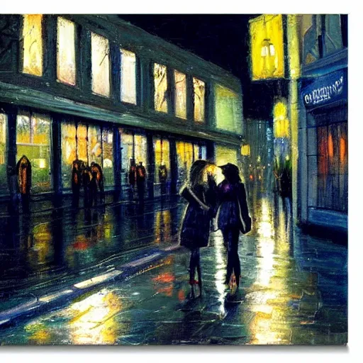 Prompt: wide angle painting of a beautiful woman in a drizzly night city street scene. beautiful use of light and shadow to create a sense of depth and movement. uses a limited color palette, providing a distinctive look.