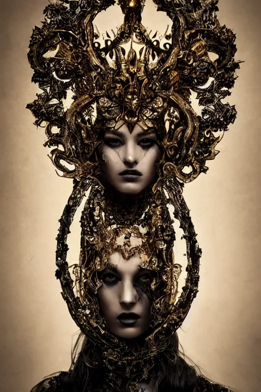 Prompt: a portrait of female model by stefan geselle and nekro borja, photorealistic, intricate details, hyper realistic, fantasy, ornate metal gold headpiece, photorealistic, canon r 3, photography, wide shot, photography, dark beauty, symmetrical features, wide angle shot, whole body, full body shot, standing pose, feet on the ground