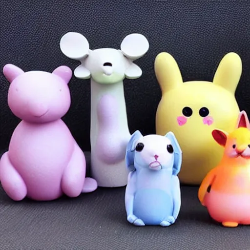 Image similar to some cute plastic toys that look like animal characters that are dressed as other animals, pastel colors