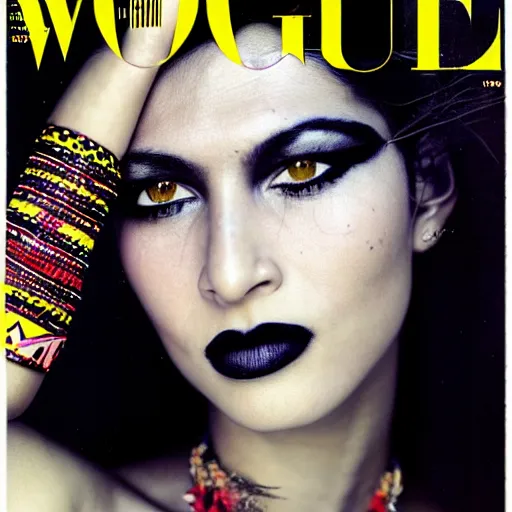 Image similar to a beautiful professional photograph by hamir sardar, herb ritts and ellen von unwerh for the cover of vogue magazine of a beautiful and unusually attractive native yanomami female fashion model with a face tattoo looking at the camera in a flirtatious way, leica 5 0 mm f 1. 8 lens