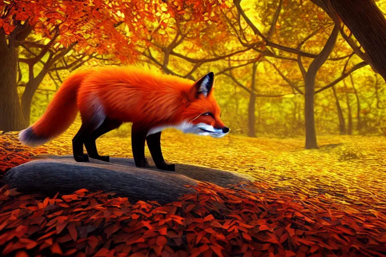 Image similar to super detailed color lowpoly art, red fox in an autumn maple forest, unreal engine, retrowave color palette, 3 d render, lowpoly, colorful, digital art, perspective