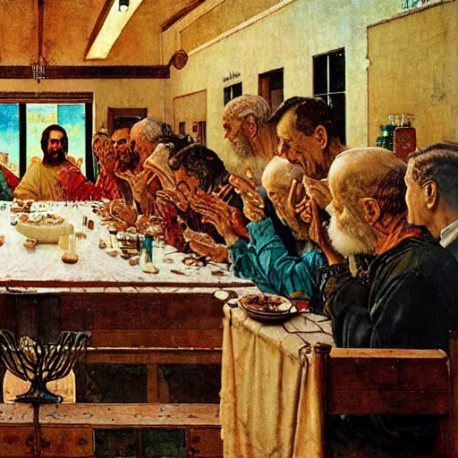 Prompt: the last supper painted by norman rockwell