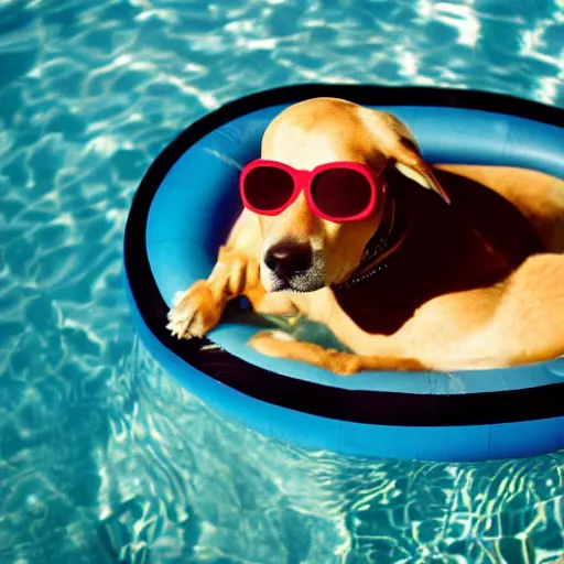 Prompt: dog wearing sunglasses relaxing in a pool floater, cinestill, 8 0 0 t, 3 5 mm, full - hd