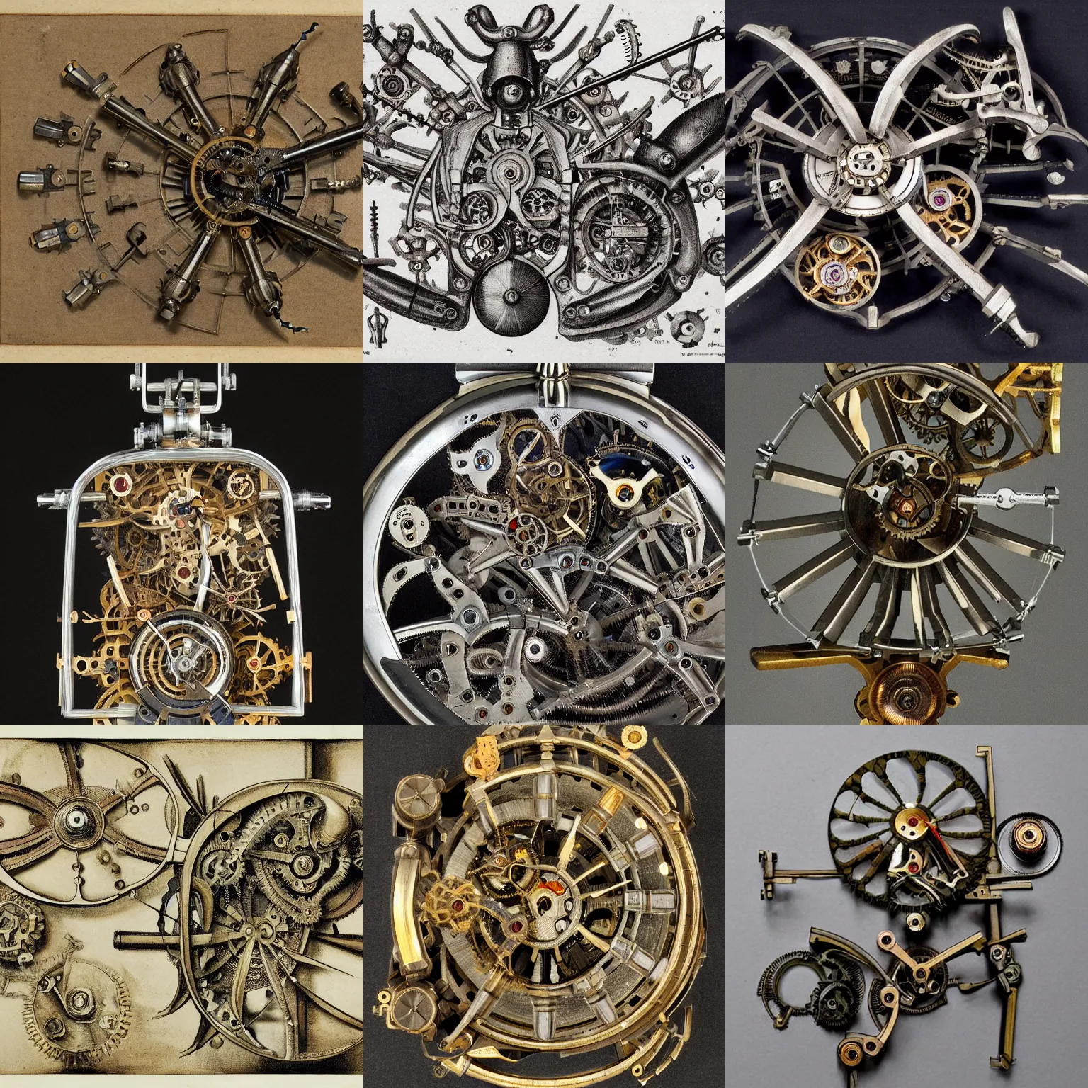 Prompt: insectoid mechanism with complex mechanical watch parts made by Albrecht Dürer