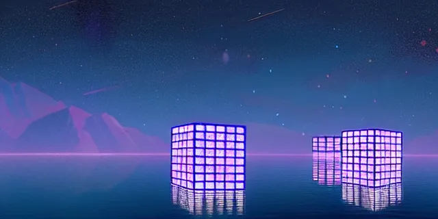 Image similar to beautiful multiple glowing cubes all interconnected to each other with tubes, atmospheric lighting, intricate, volumetric lighting, beautiful, sharp focus, ultra detailed, in the art style of bowater charlie, brom gerald, lake baikal in the background, astrophotography