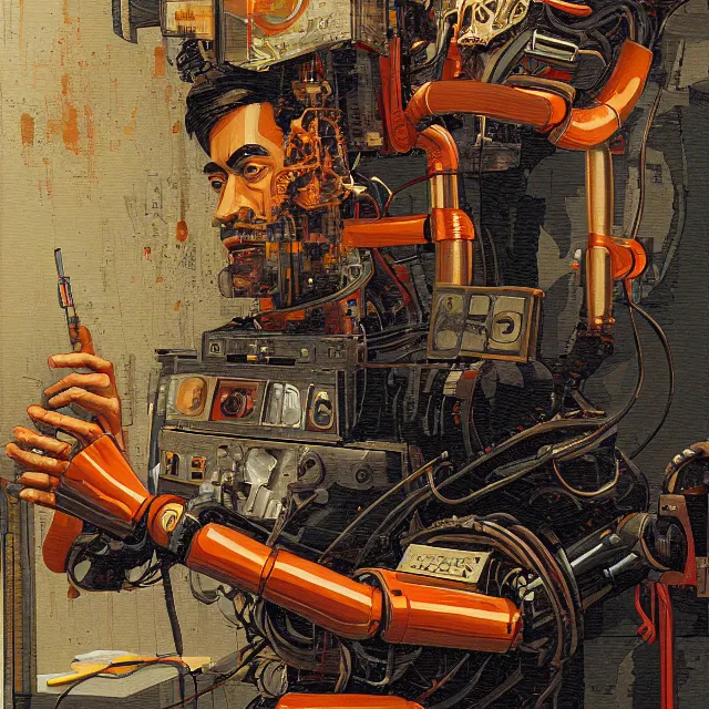 Prompt: robot artist painting a self - portrait on a canvas. intricate, highly detailed, digital matte painting, in the style of alexandros pyromallis, and in the style of sachin teng, and in the style of hans thoma, and in the style of clyde caldwell. irony, recursion, inspiration.