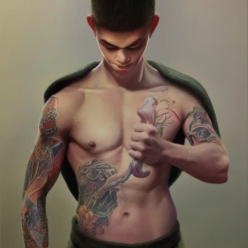 Image similar to A detailed matte oil on canvas painting of a young white male martial artist monk, orchid arm tattoos by artgerm, trending on artstationhd, dungeons and dragons art