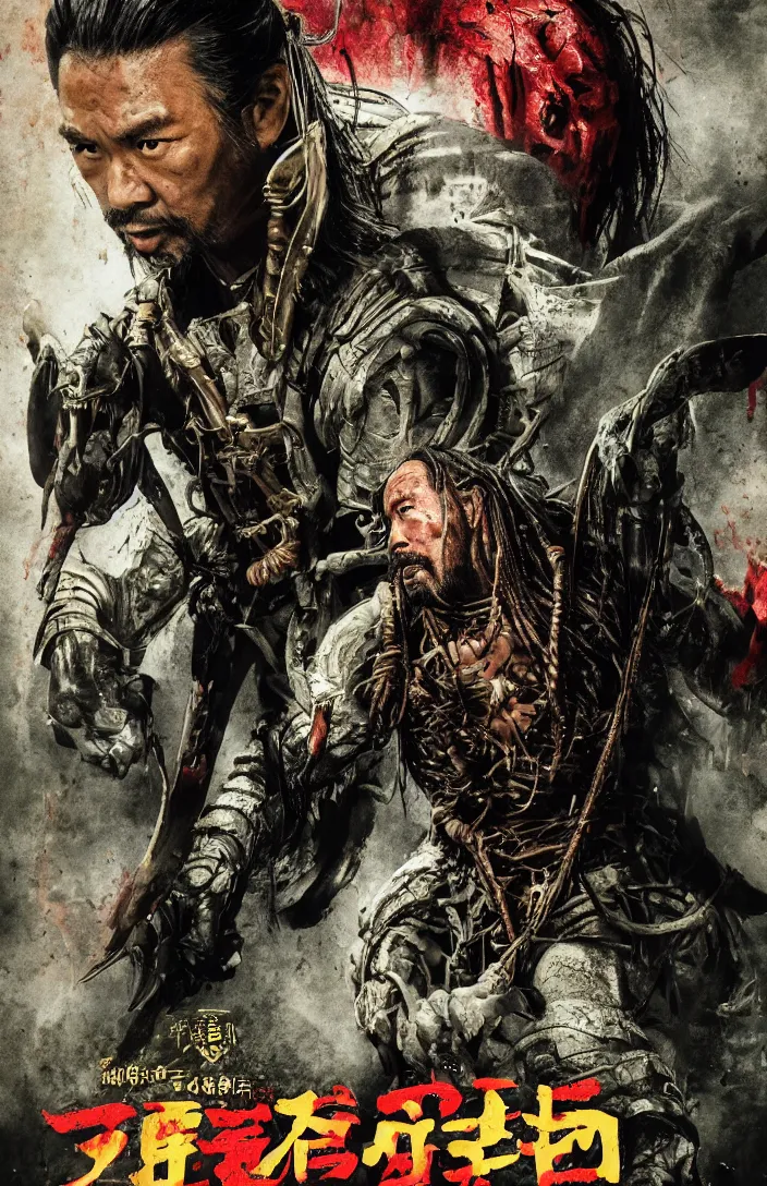 Image similar to movie poster for predator film shot in feudal japan staring hiroyuki sanada as a disgraced ronin who hunts down the predator after he fails to protect his master from it. in the style of al kallis, reynold brown, h. r. geiger.