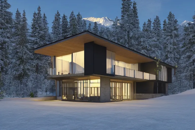 Image similar to modern modern fachwerk house with in the forest on the foot of Elbrus mountain covered by snow on the background, architecture, 3d render 8k , high details