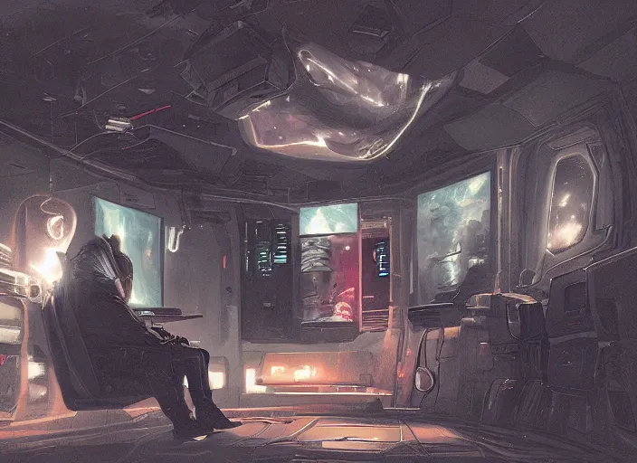 Image similar to a man sitting on a chair with things attached to his head, screens and monitors in front of him playing videos, ship interior, narrow hallway, scifi, dramatic lighting, dark, spotlight, concept art, surreal, by rutkowski, fuji choko