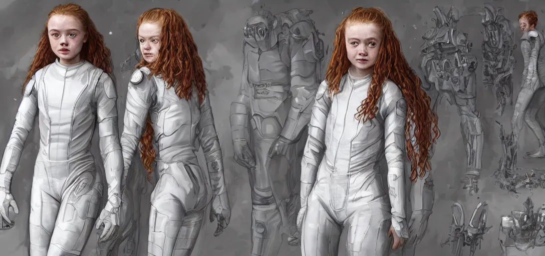 Image similar to character sheet concept art of sadie sink from stranger things in a skintight white cyber - armor, realistic, hyperrealistic, photographic, costume, wlop, dan mumford, greg rutkowski, high detail, octane render, alexander mcqueen, james gurney, james jean, mucha, photo, 8 k, intricate