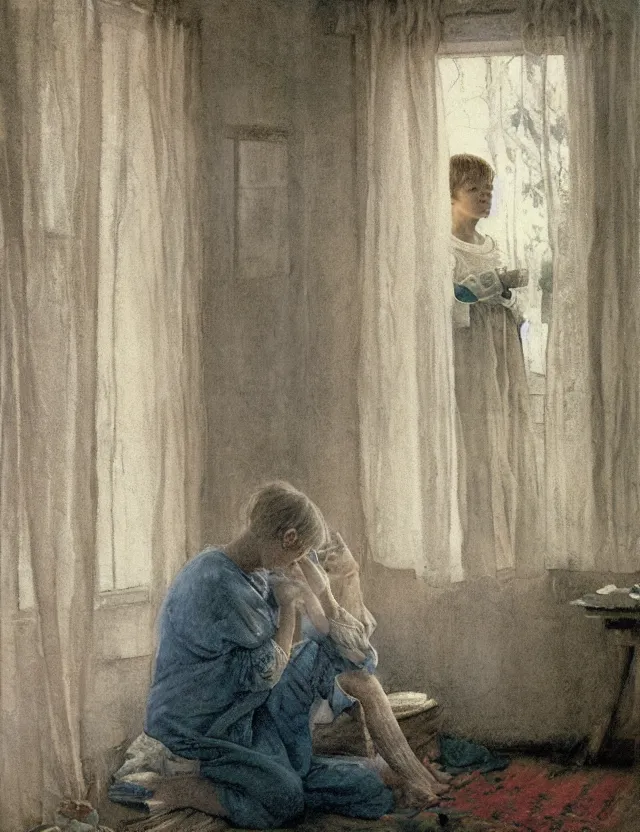 Image similar to peasant boy praying in country house, cottage core, cinematic focus, polaroid photo bleached vintage pastel colors high - key lighting, soft lights, foggy, by steve hanks, by lisa yuskavage, by serov valentin, by tarkovsky, detailed, oil on canvas