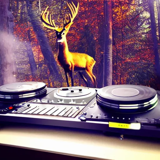 Prompt: “a deer dj playing on turntables, hyperexpressive beatiful matte painting, dynamic scene”