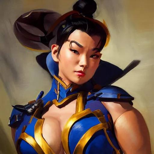 Image similar to greg manchess portrait painting of partially armored chun li from street fighter as overwatch character, medium shot, asymmetrical, profile picture, organic painting, sunny day, matte painting, bold shapes, hard edges, street art, trending on artstation, by huang guangjian and gil elvgren and gerald brom