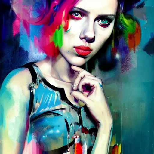 Image similar to scarlett johansson as delirium from sandman, ( hallucinating colorful soap bubbles ), by jeremy mann, by sandra chevrier, by jamie hewlett and richard avedon, punk rock, tank girl, high detailed, 8 k