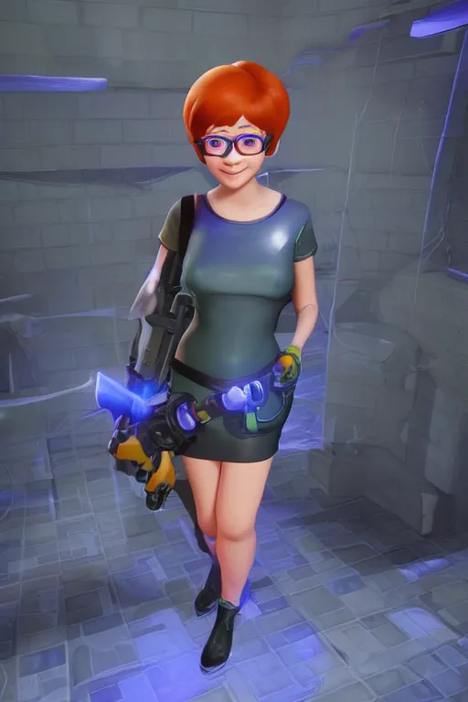 Image similar to Velma from Scooby Doo, overwatch main character Blizzard pixar 3d maya engine on stylized background splash comics global illumination lighting,