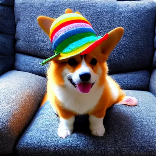 Prompt: 8k highly detailed photograph of the most adorable Corgi Puppy wearing a cute rainbow bowler hat, posing on my couch, golden hour,