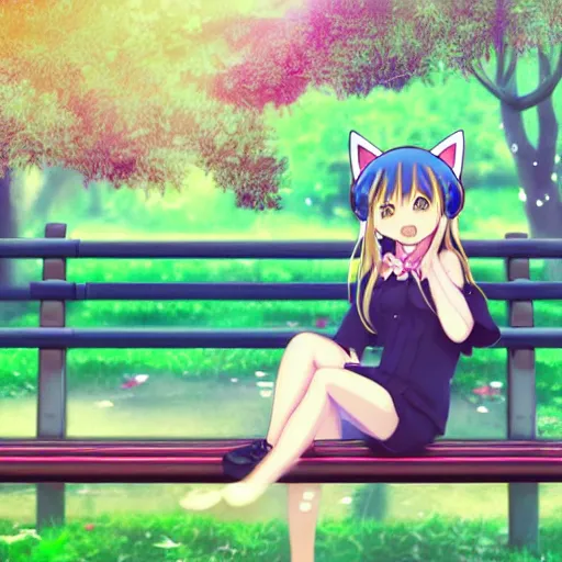 Image similar to 3 d photo of an anime girl with cat ears and long blond hair looking to her side, sitting on a bench with a park behind her, bokeh, shader, anime art style, highly detailed, cel - shaded, colorful, animated, trending