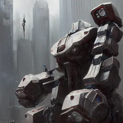 Image similar to a full length portrait of a giant autonomous polished steel battle mecha, a moody sci - fi painting by grosnez and juan pablo roldan, trending on artstation, highly detailed matte painting, cinematic