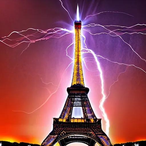 Image similar to Eiffel tower in Paris as giant charged tesla coil with blue white red lightning bolts all over the sky filled with dark clouds, epic city landscape digital art