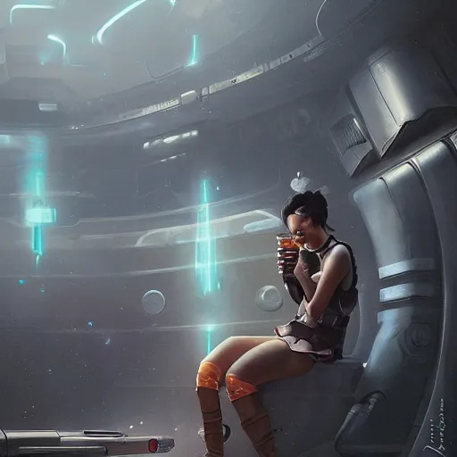 Prompt: a space soldier woman drinking beer from a space station bar, Matte painting , detailed painting, greg rutkowski