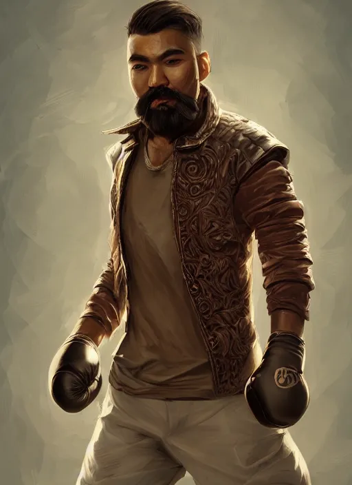 Image similar to a highly detailed illustration of bearded asian man wearing leather jacket with bandaged right hand, focused boxing philly shell stance pose, hands shielding face, intricate, elegant, highly detailed, centered, digital painting, artstation, concept art, smooth, sharp focus, league of legends concept art, WLOP