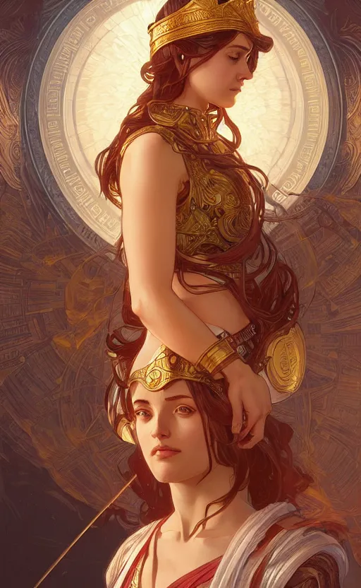 Image similar to portrait of the goddess athena, greek mythology, intricate, headshot, highly detailed, digital painting, artstation, concept art, sharp focus, cinematic lighting, illustration, art by artgerm and greg rutkowski, alphonse mucha, cgsociety