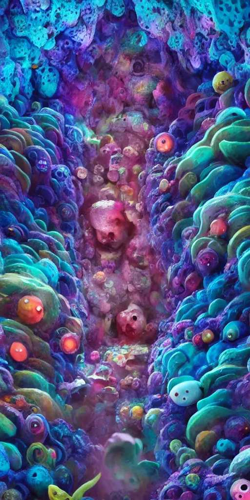 Image similar to of a colorful deep sea cave with strange cute friendly happy creatures with huge eyes, mouth, long tongue and round teeth appearing from sandy coral, in the style of gehry and gaudi, macro lens, shallow depth of field, ultra detailed, digital painting, trending artstation, concept art, illustration, cinematic lighting, photorealism, epic, octane render