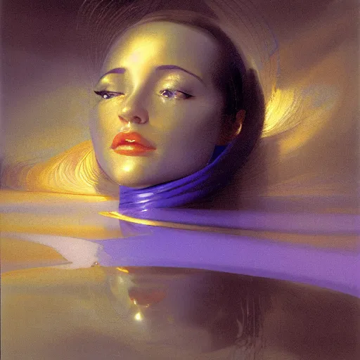 Image similar to a chrome woman's face in flowing sheets of cobalt blue gold chrome silver satin mirror foil, by moebius syd mead roger dean wojciech siudmak donato giancola yoshitaka amano michael cheval ivan aivazovsky jan de heem pieter claesz paul delaroche alma tadema aelbert cuyp, hyperrealistic volumetric light render