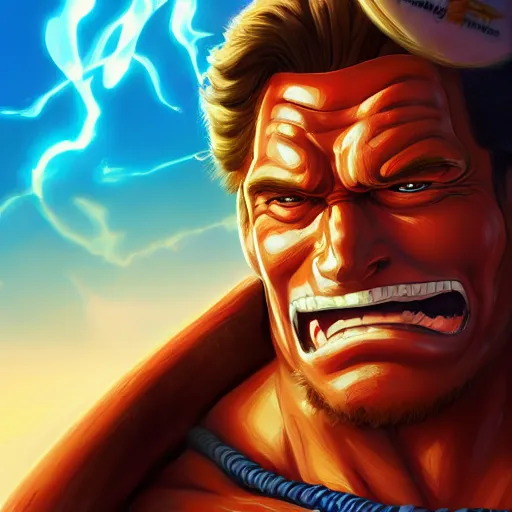 Image similar to Portrait of Schwarzenegger as a character of One Piece, mattepainting concept Blizzard pixar maya engine on stylized background splash comics global illumination lighting artstation samwise didier, rossdraws