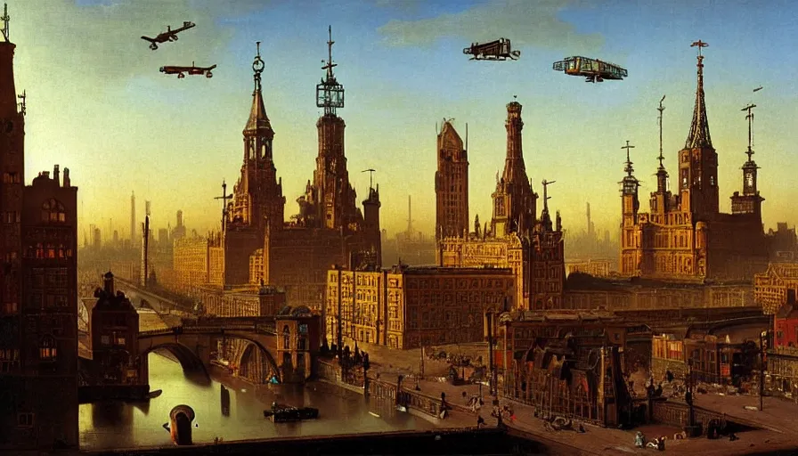 Image similar to Victorian England soviet city with flying cars and cyberpunk, made by Hubert van Eyck, Georges de La Tour, Élisabeth Vigée Le Brun, Jacques-Louis David