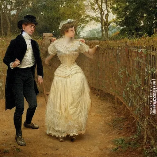 Image similar to young victorian man and woman adventuring in a maze, painted by alfred stevens