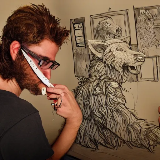 Image similar to photo portrait of hobo artist drawing furries for booze. symmetry, awesome exposition, very detailed, highly accurate, intricate, photobank, professional lighting diffracted lightrays, 8 k, sense of awe
